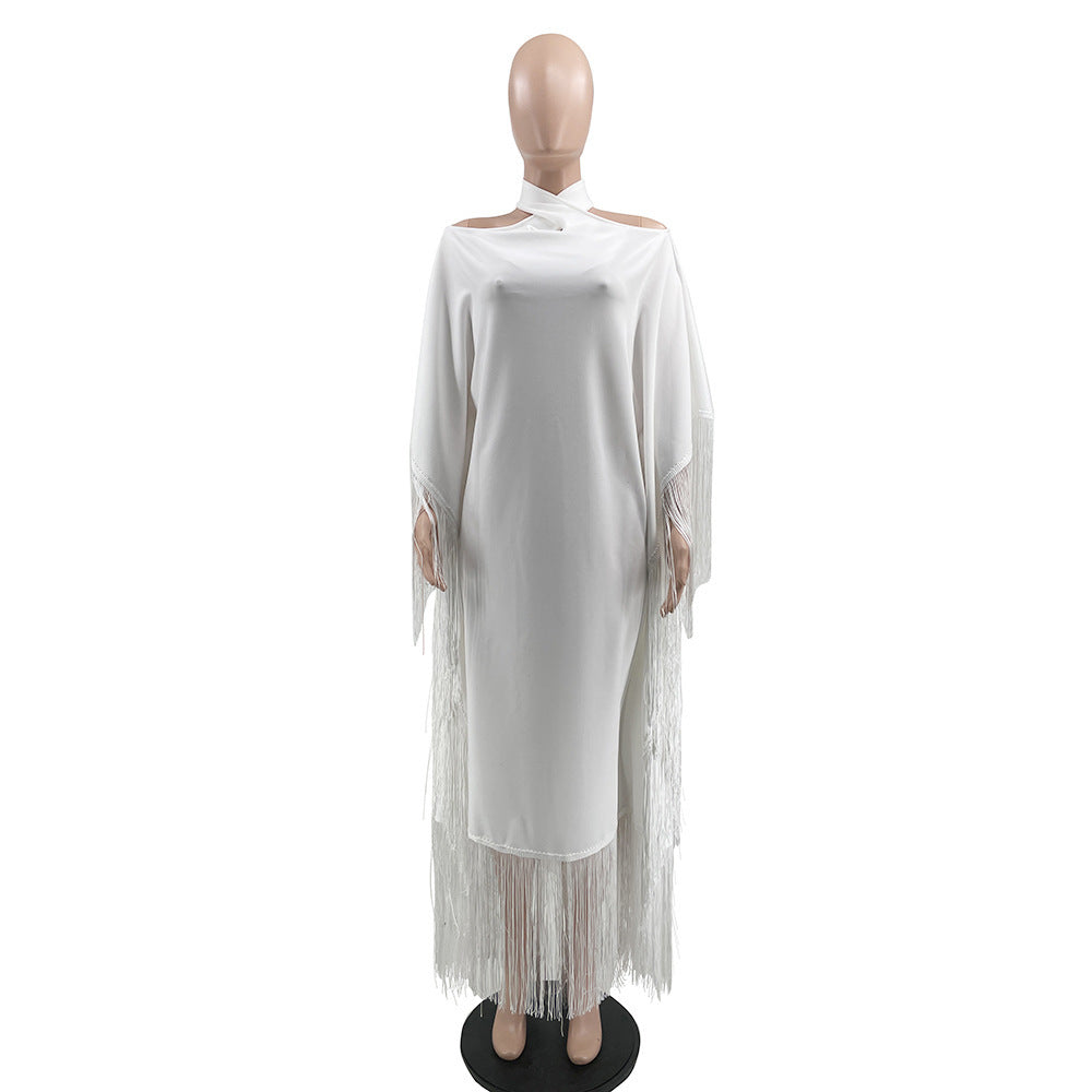 Women's Casual Solid Color Tassel Loose Long Dress 6