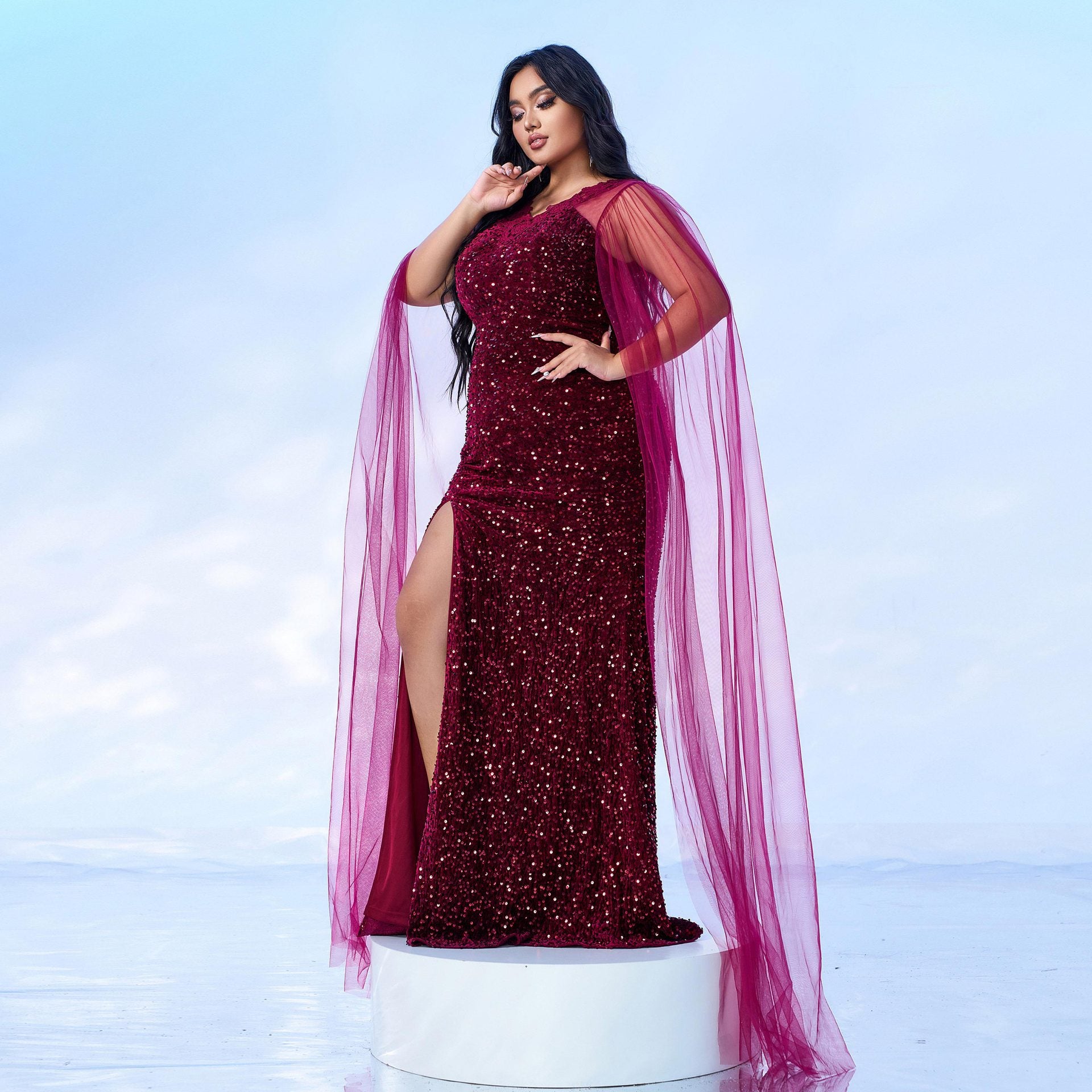 Plus Size Women Long Sleeve V-neck Formal Party Sequined Fishtail Evening Dress Dress 5