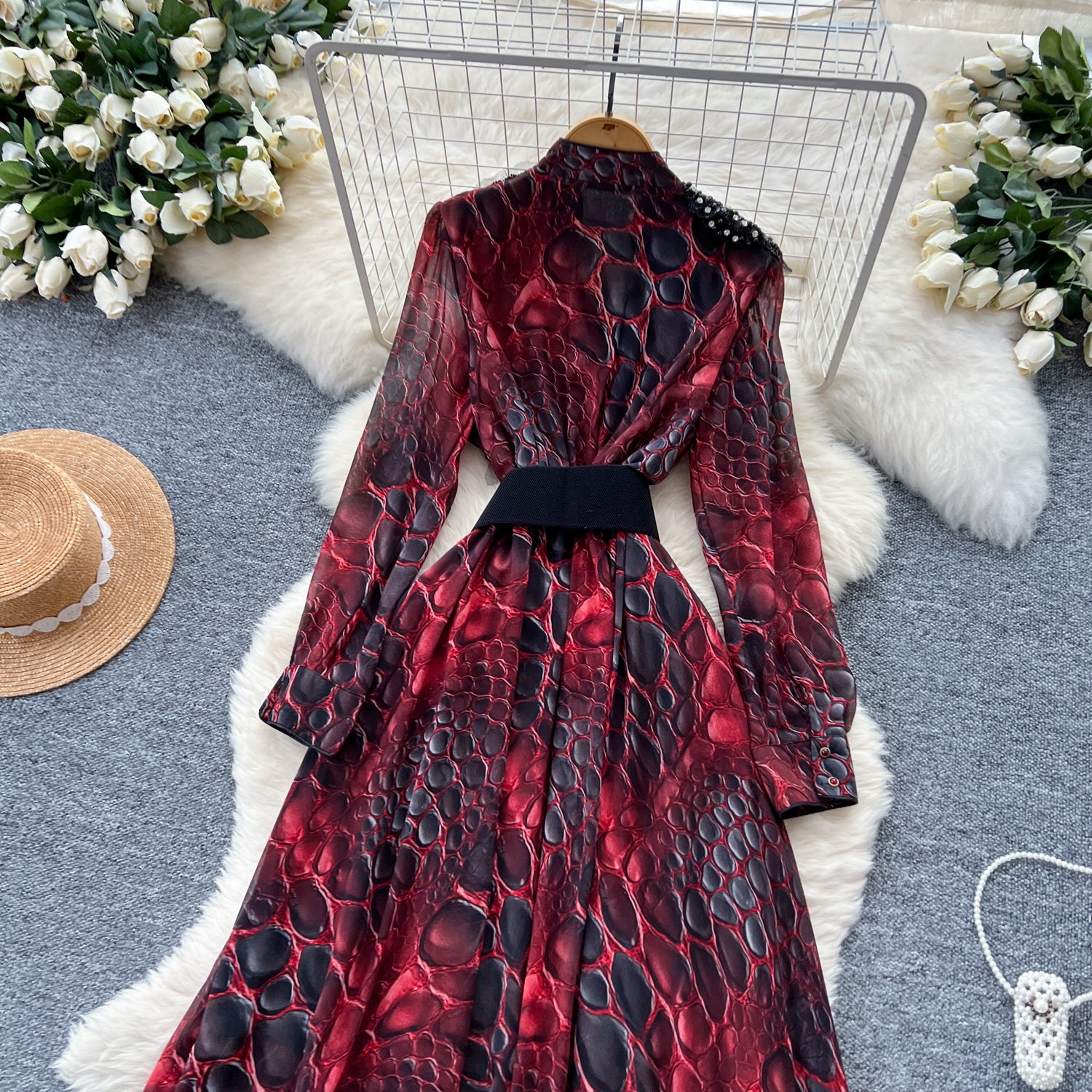 Fashionable Women's Beaded Sequin Embroidery V neck Slim Waist Long Sleeve Leopard Print Elegant Long Dress 14