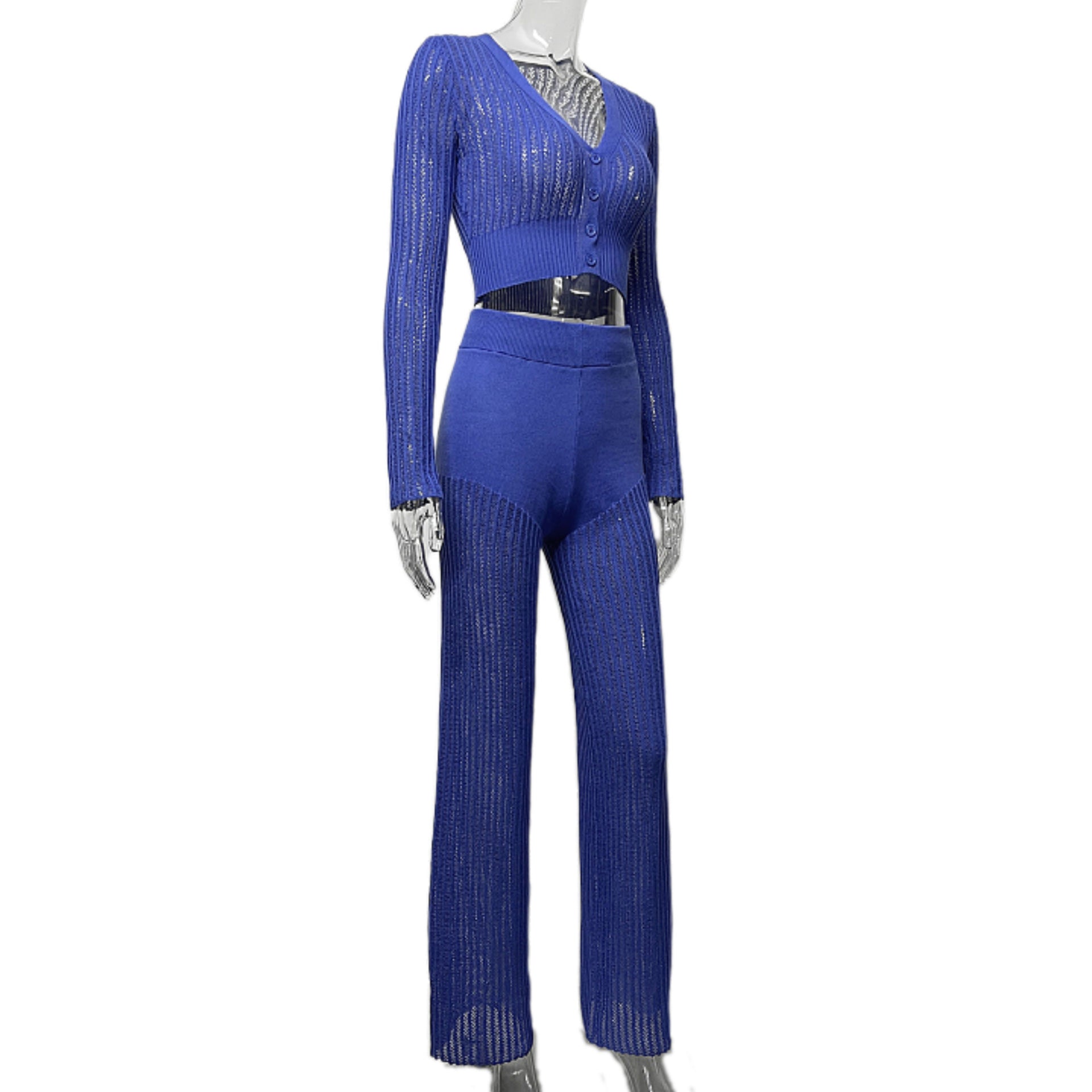 Women See-Through Casual Solid Top and Pants Two-piece Set 12