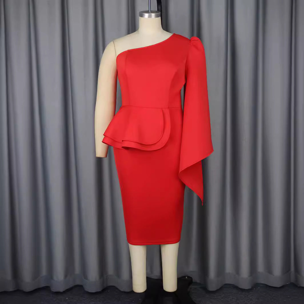 Style Slash Shoulder One-Sleeve Ruffle Party Cocktail Dress 3