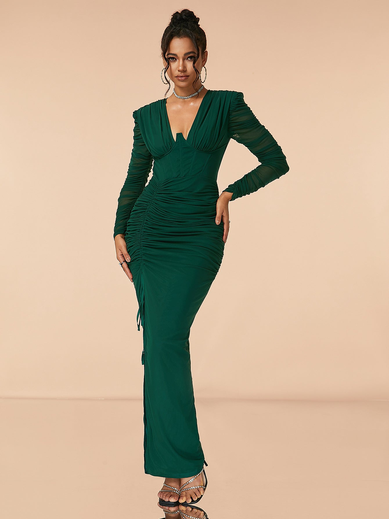 Women V Neck mesh long-sleeved slit drawstring pleated dress 3