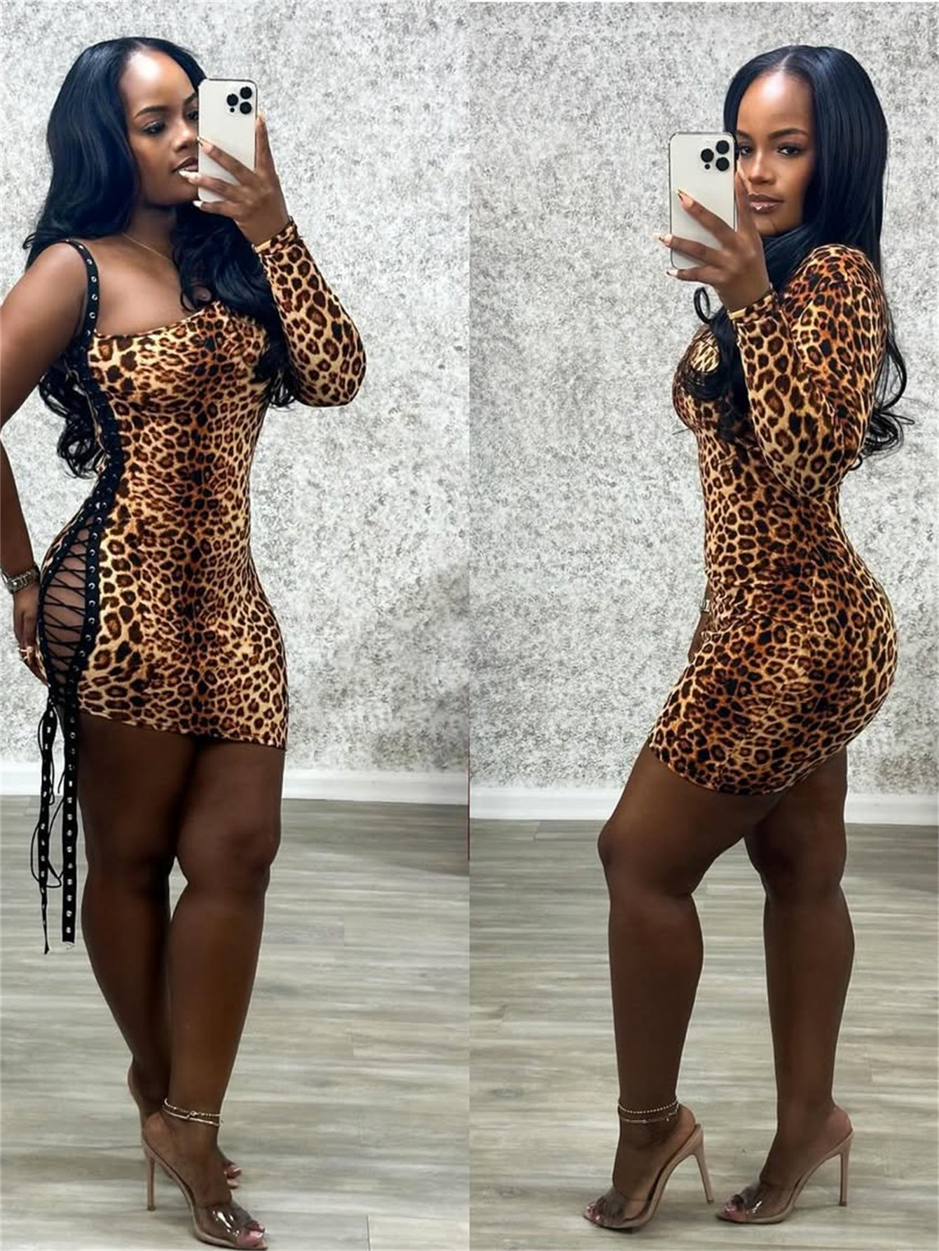 Fashion Print Slash-Shoulder Lace-Up Bodycon Dress 3