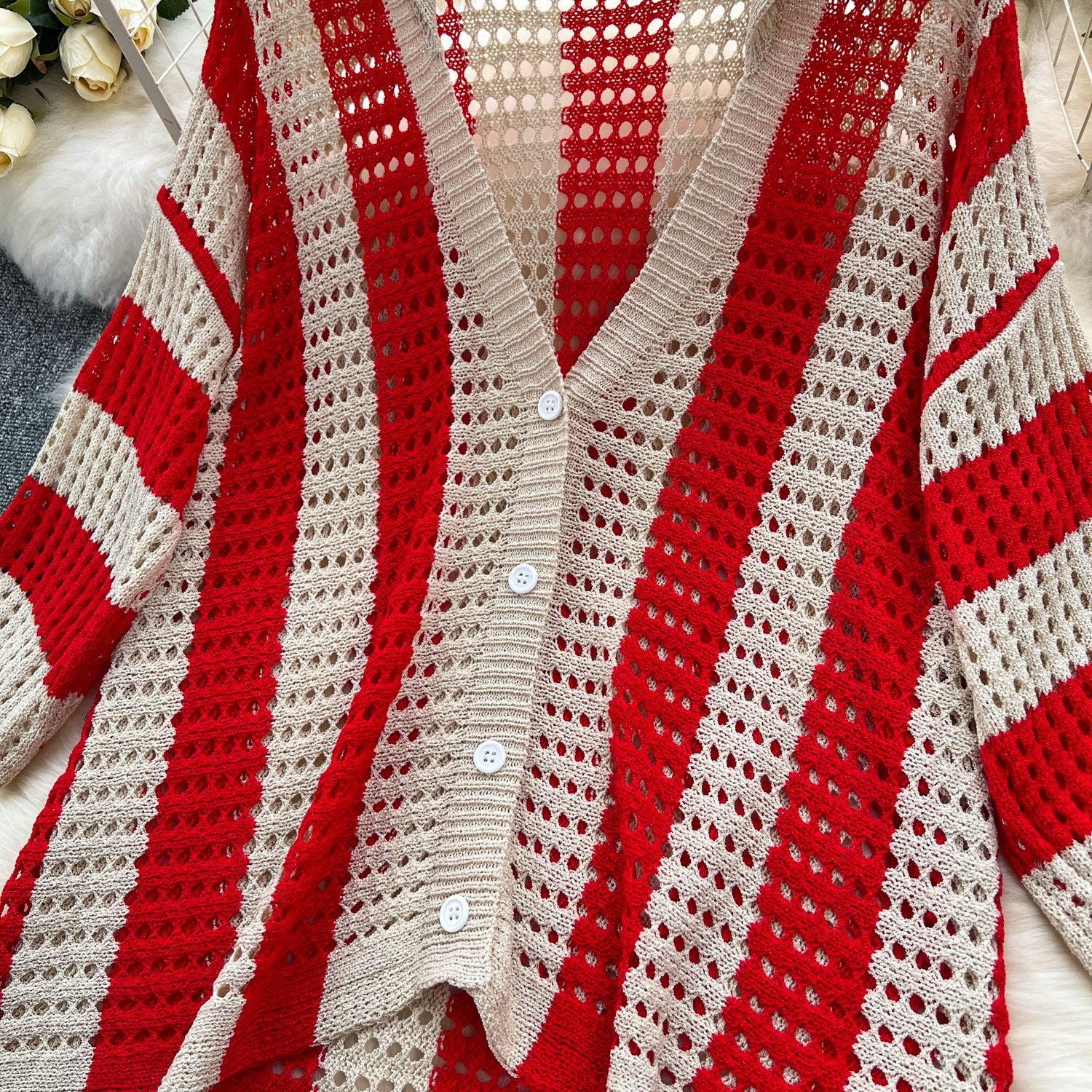 Women's Summer V-Neck Loose Knit Cardigan Top + Wide-Leg Pants Set Color-Block Striped Hollow-Out Outfit 23