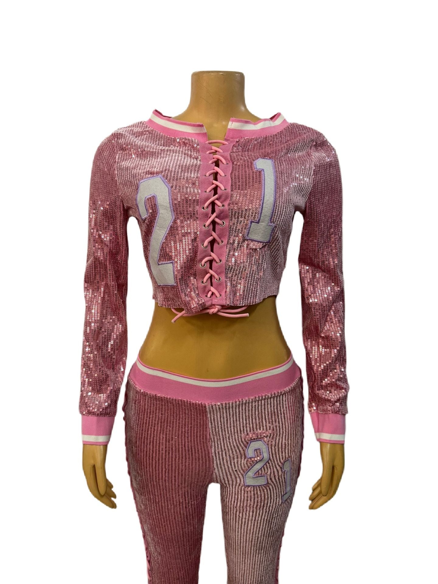 Women Digital Sexy Lace-Up Cut Out Long Sleeve Top and Pants Two-piece Set 7