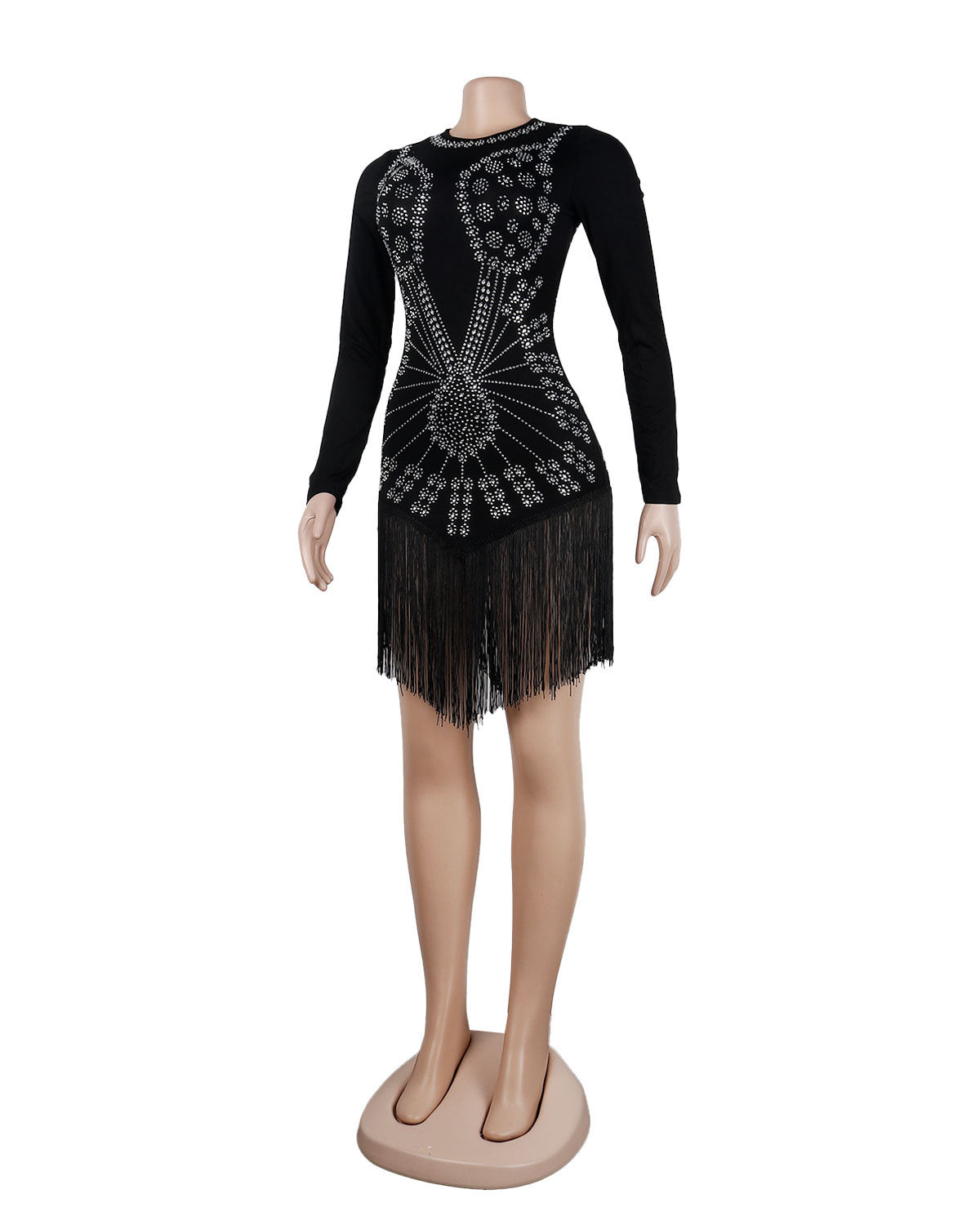 Women Sexy Long Sleeve Rhinestone Fringe Bodycon Dress 26