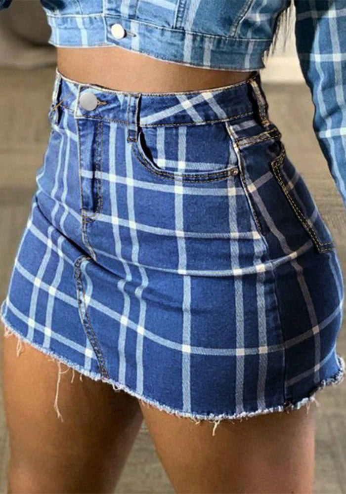 Women Plaid Stretchy Denim Skirt