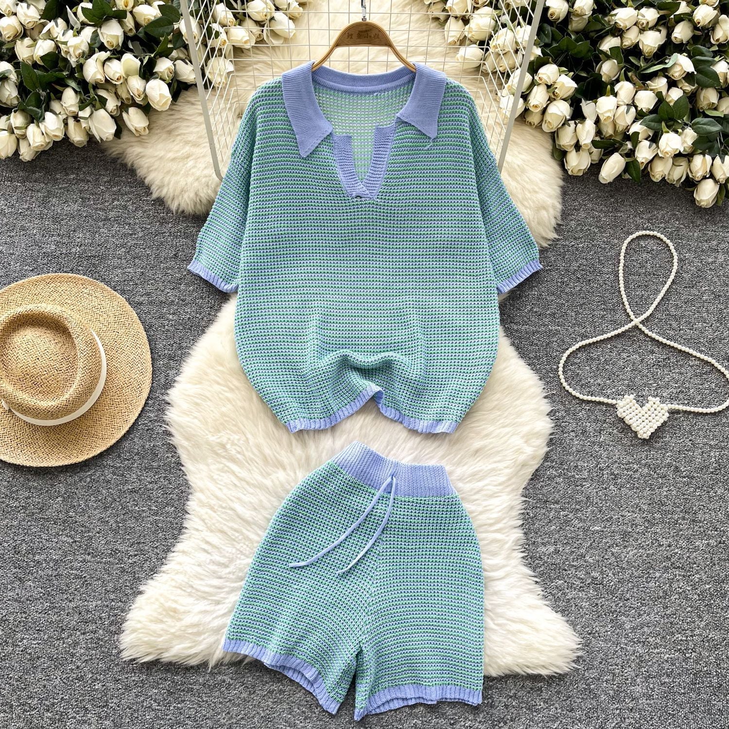 Women's Summer Turndown Collar Short Sleeve Hollow Knitting Top Tight Fitting Shorts Fashion Two Piece Set 7