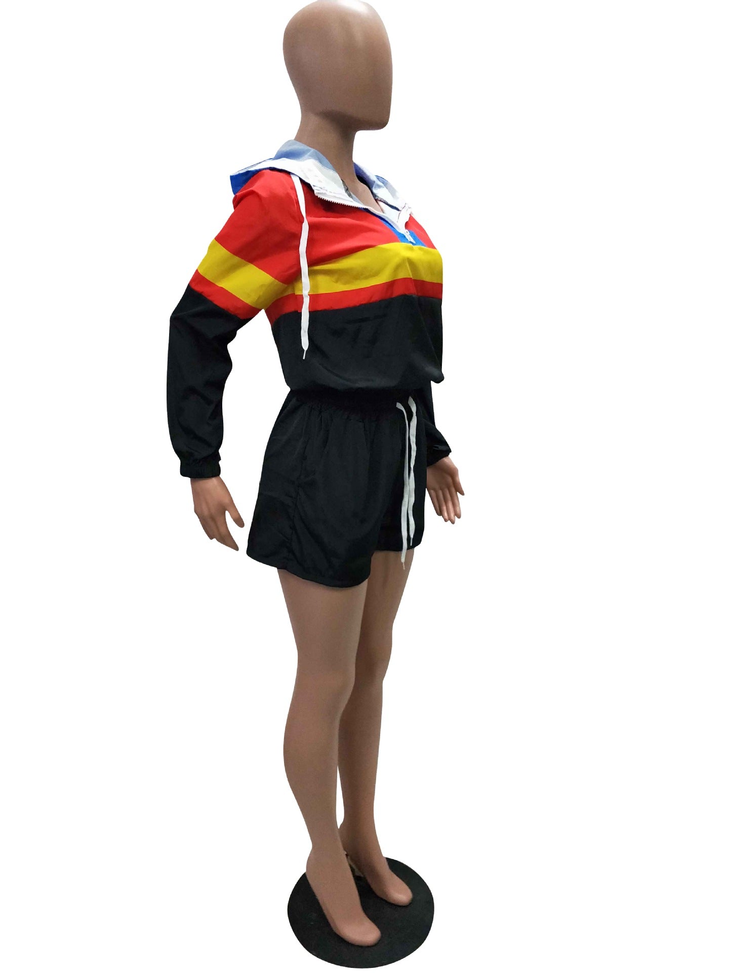 Women’s Casual Spring Color Block Patchwork Two-Piece Hooded Shorts Set 14