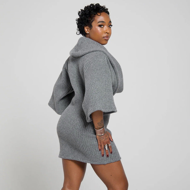 Women's Autumn & Winter Solid Color Casual Loose Cowl Neck Knitted Mid-Long Sleeve Dress 10