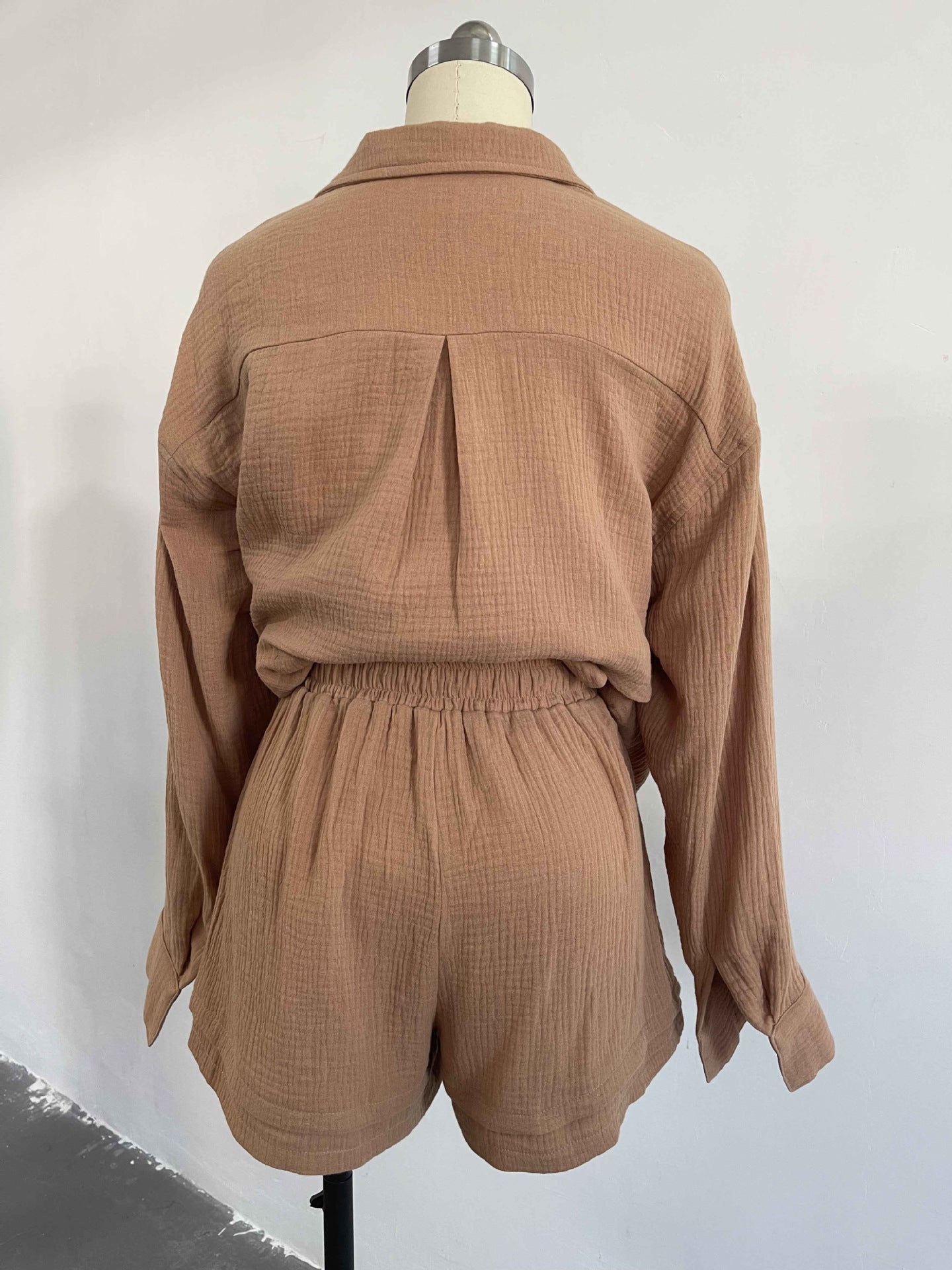 Women's Spring Crinkle Turndown Collar Long Sleeve Shirt High Waist Drawstring Shorts  2PC Set 25