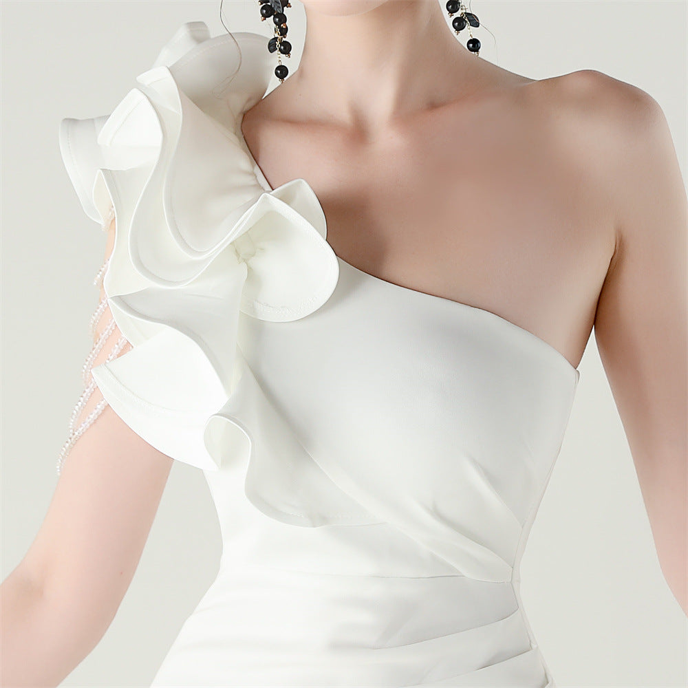 Women One-Shoulder Beaded Wool and Floral Satin Slit Sexy Evening Dress 53