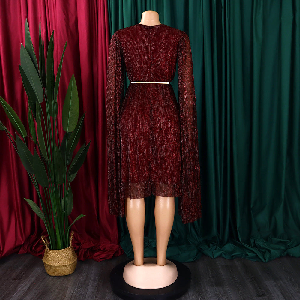 Belted V-Neck Chic Long Sleeve Cape Slim Waist Gown Dress 27