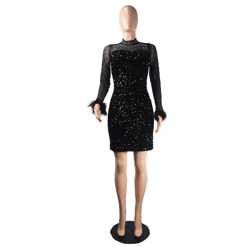Trendy See-Through Beaded Sequined Long Sleeve Feather Nightclub Party Bodycon Dress 20
