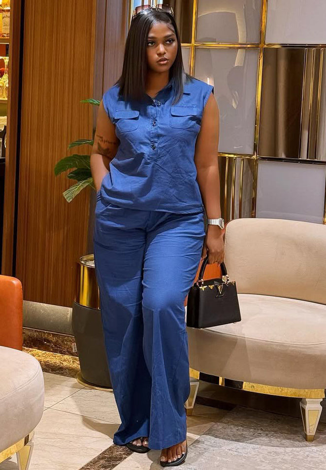 Plus size Women sleeveless vest wide leg pants Two Piece Set 3