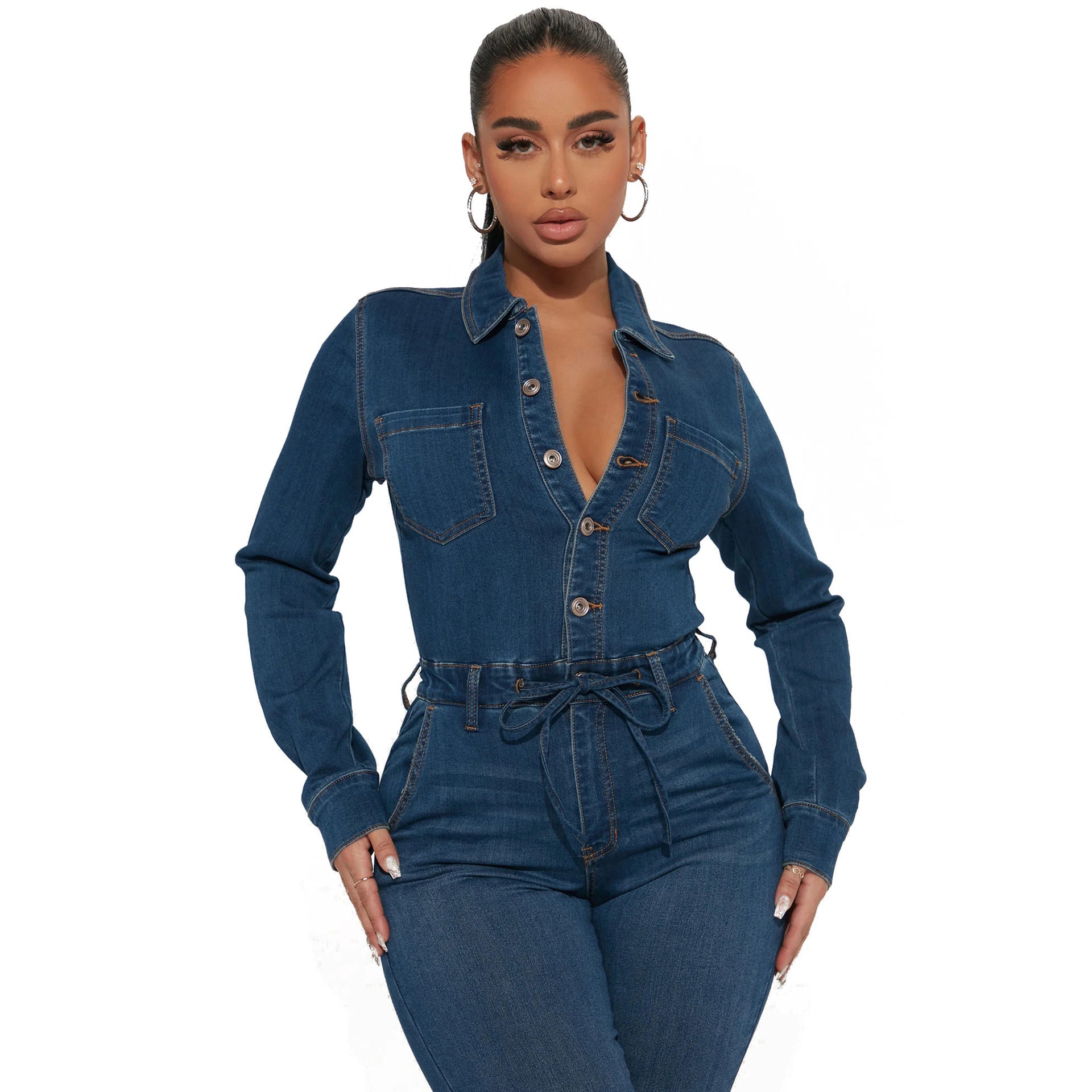 Sexy Fashion Long Sleeve High Stretch Denim Jumpsuit 6