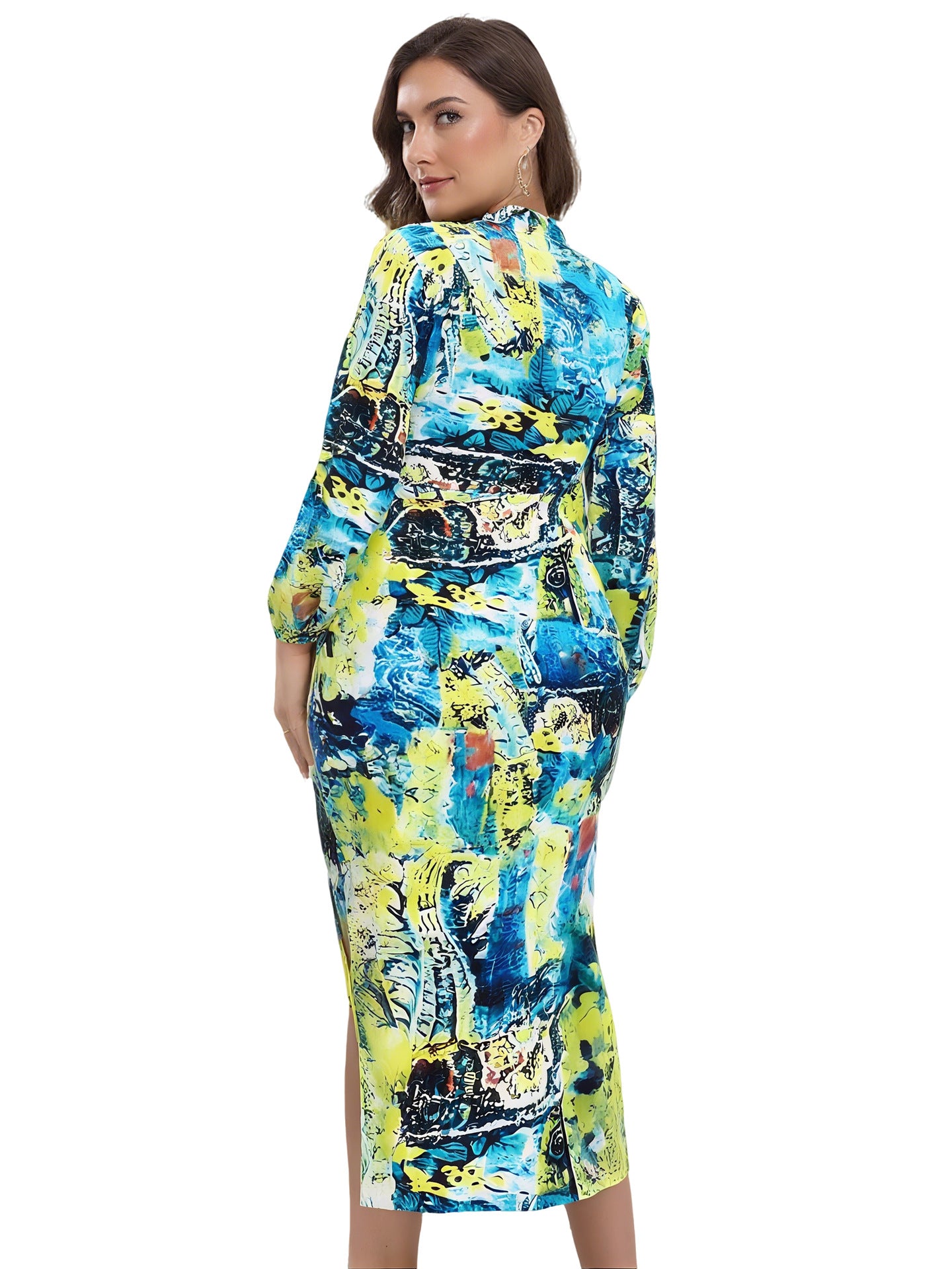 Women's Spring Autumn Long Sleeve Tie-Waist Sexy Bodycon Slit Print Color-Blocking Shirt Dress 3