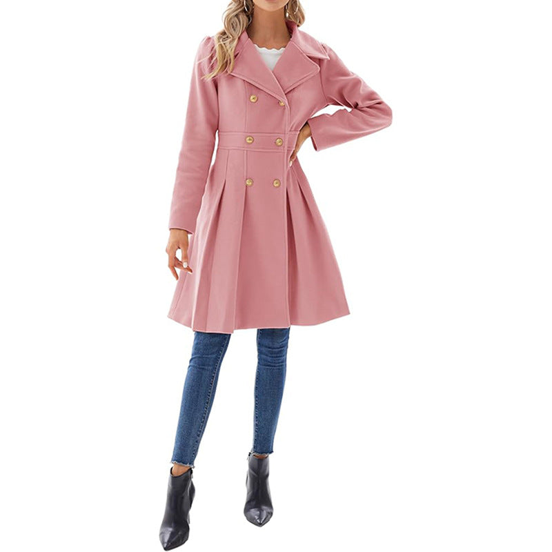 Women Fall and Winter Turndown Collar Double-Breasted Pocket Windbreaker 87