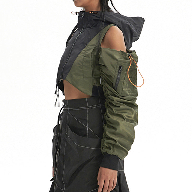 American Retro Hooded Cutout Jacket Autumn Trend Style Patchwork Drawstring Short Bomber Jacket 4