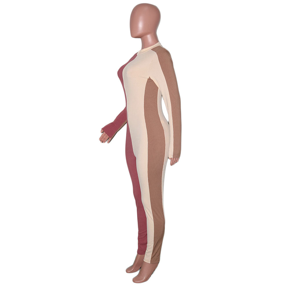 Women Sexy Contrast Color Zipper Patchwork Jumpsuit 12