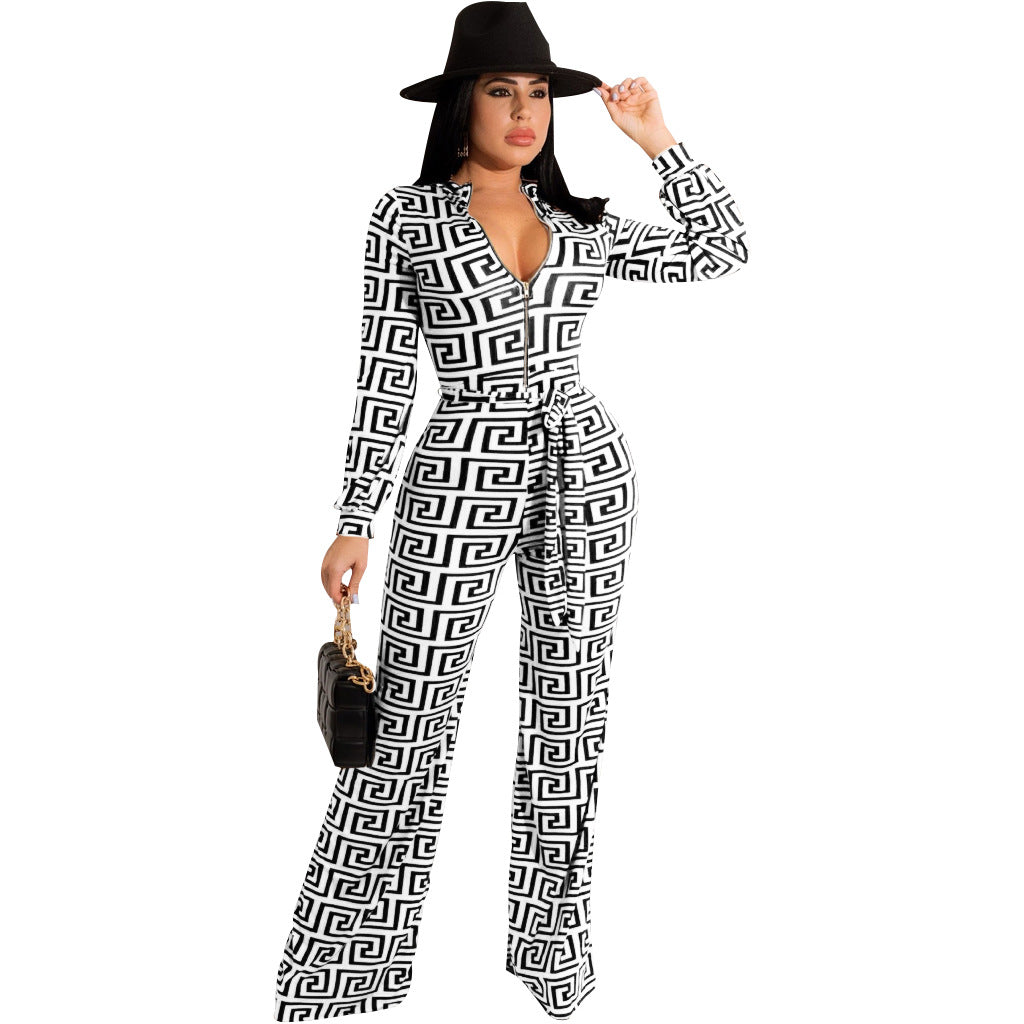 Sexy Fashion Printing Long-Sleeved V-Neck Jumpsuit 6