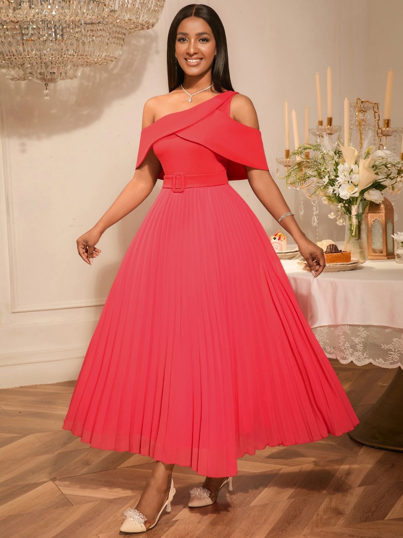 Women Sexy Off Shoulder Dinner Pleated Dress 9