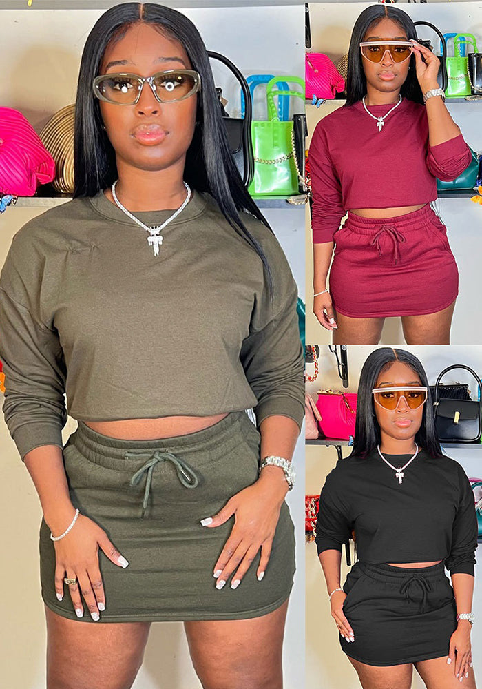 Women Long-Sleeved Solid Bodycon Skirt Two-Piece Set