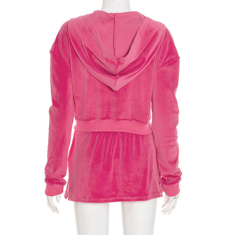Women Sexy Hooded Long-Sleeved Crop Top and Skirt Two-Piece Casual Set 10