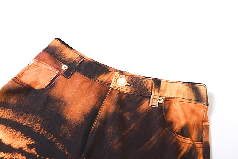 Summer Women's High Waist Digital Printed Fake Pockets Slim Fit Bell Bottom Casual Pants 12