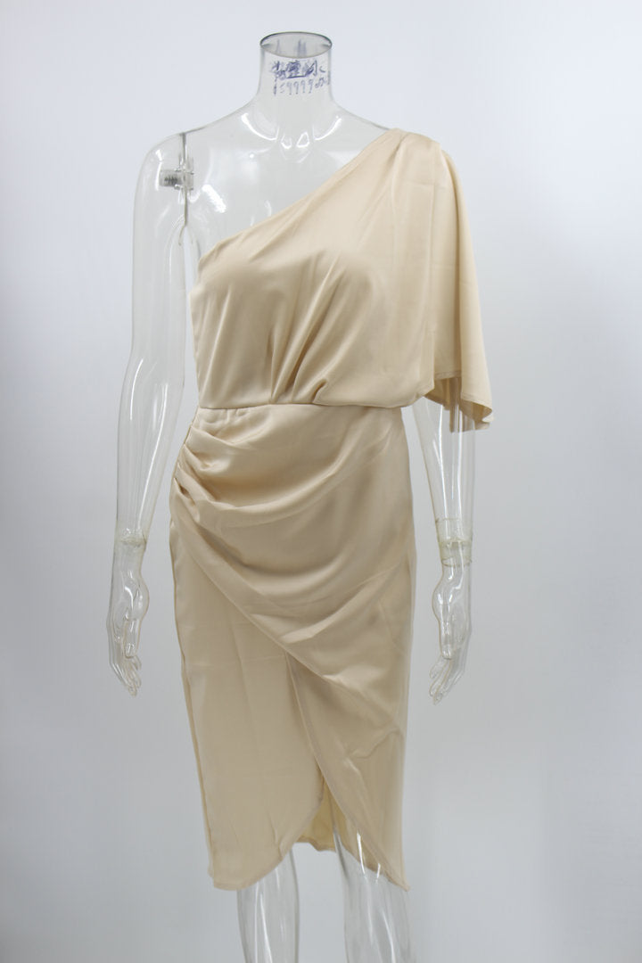 WomenSexy Single Sleeve Irregular Satin Evening Dress 19