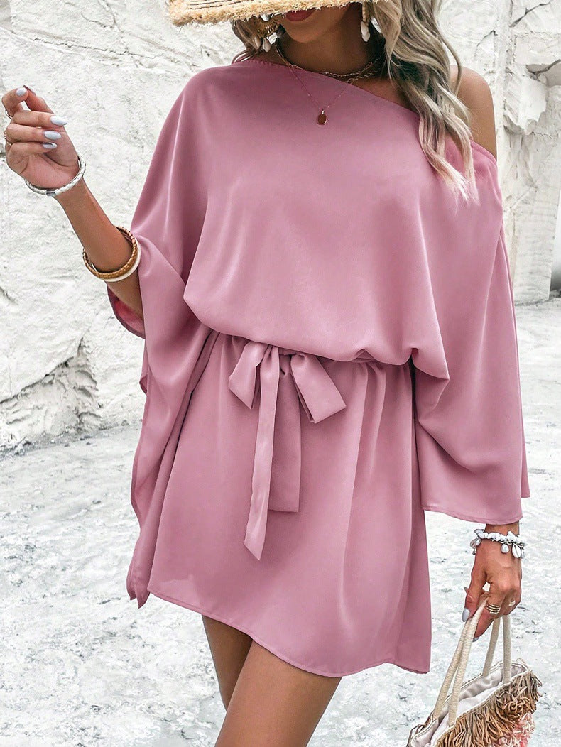 Women Satin Off-shoulder Asymmetrical Dress 23