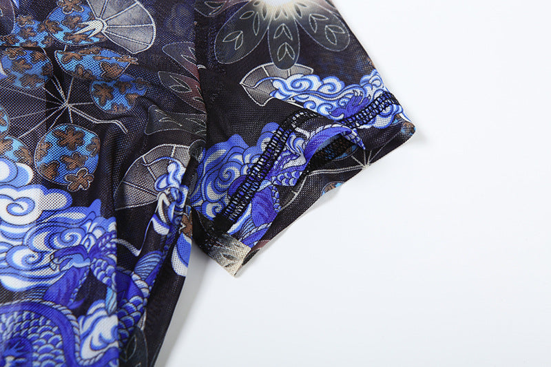 Women Summer Street Trend Mesh See-Through Print Backless Jumpsuit 23