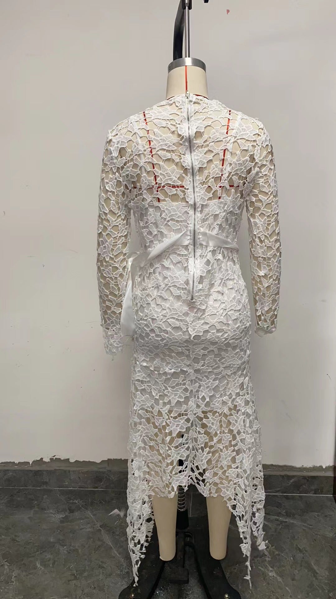 Women Lace Hollow Long Sleeve Stand Collar Lace Irregular Dress 24