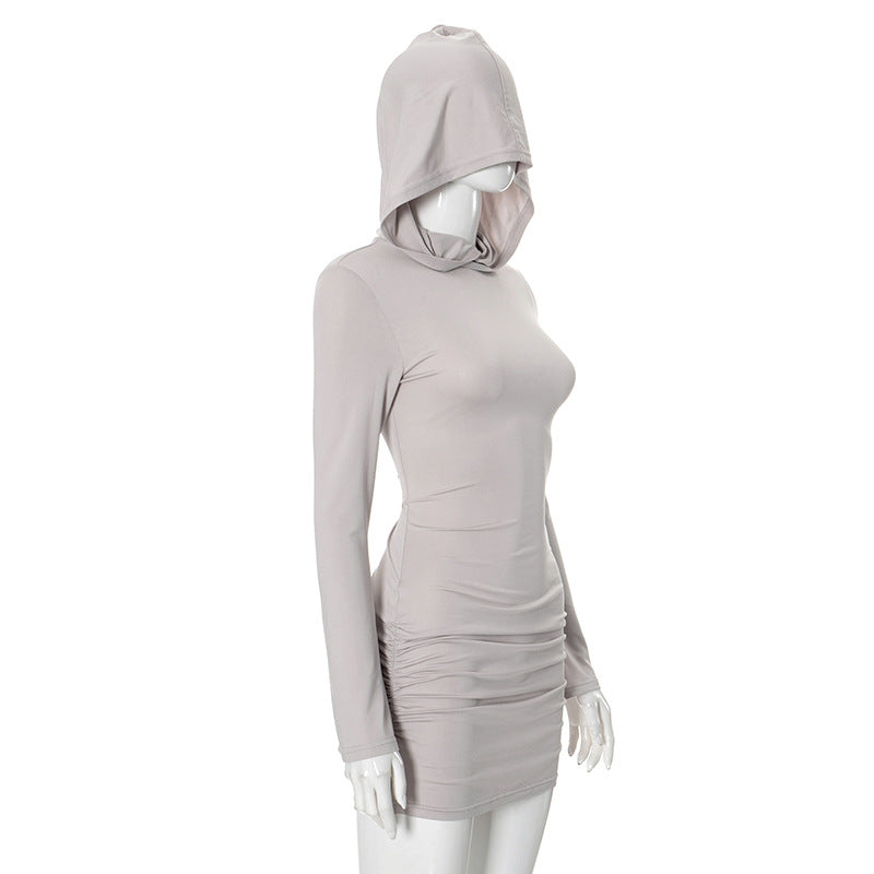 Women Fall Solid Long Sleeve Hooded Gathered Bodycon Dress 7
