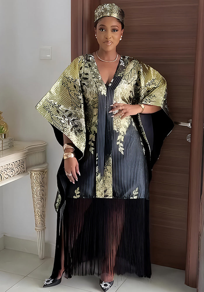 African Shiny Plus Size Kaftan Headscarf Dubai Women's Fringe Dress