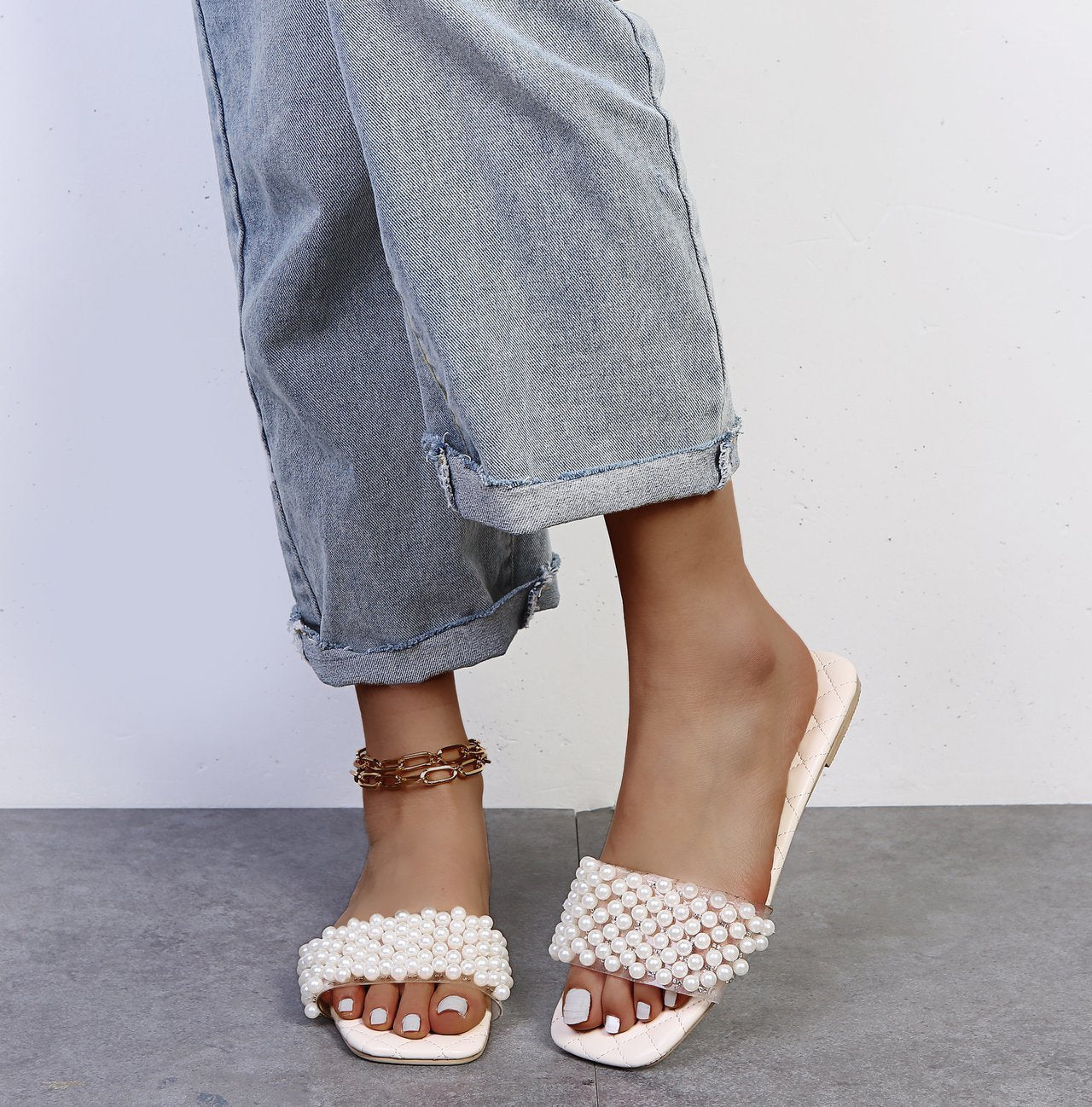 Ladies Summer Flat Slip-On Pearl Sandals 16