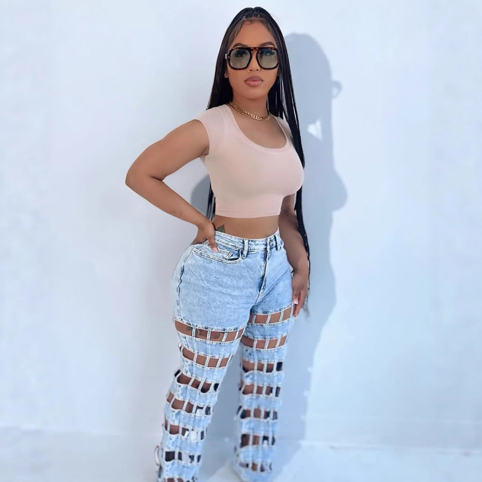 Women trendy hollow ripped checkered denim pants 4