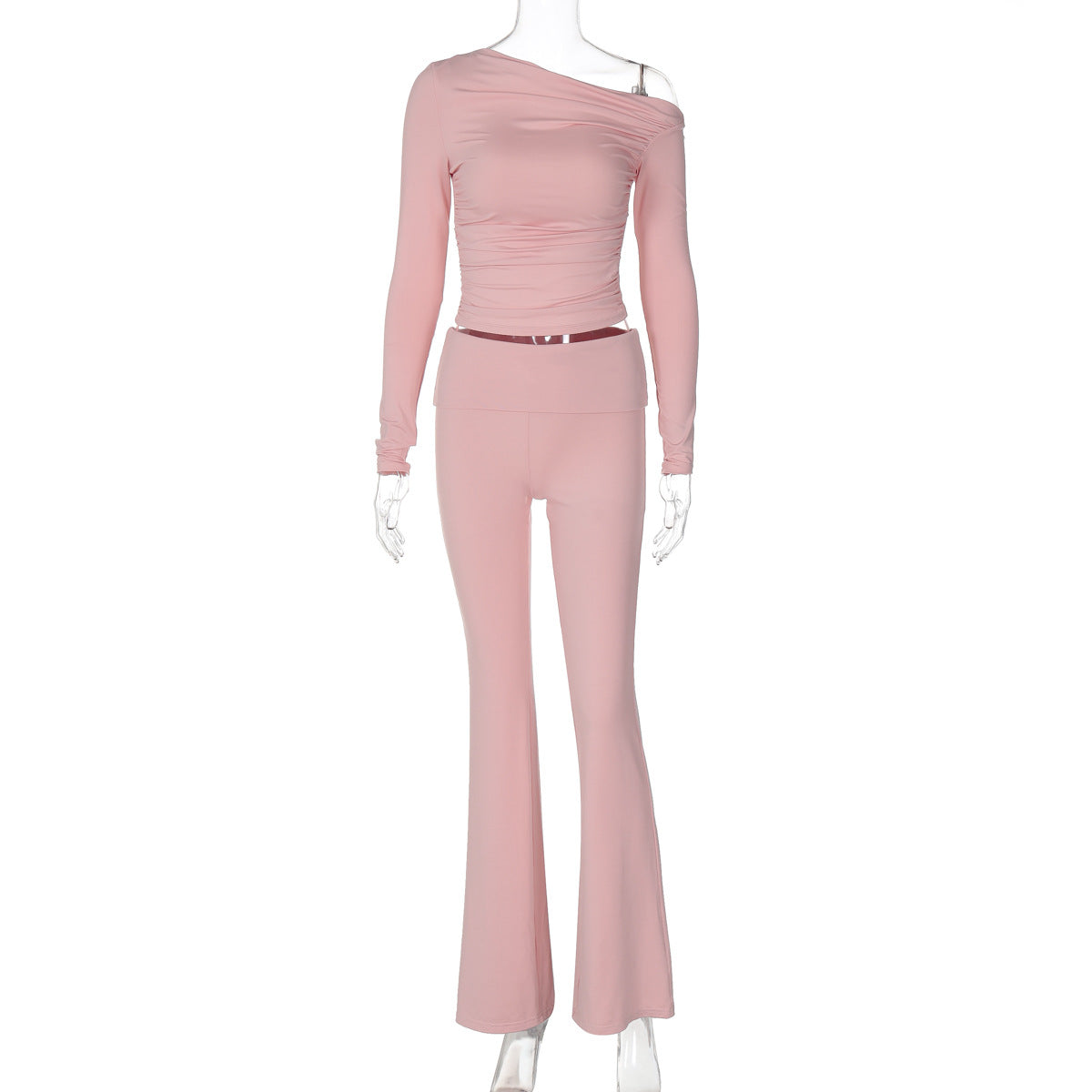 Women Summer Slash Shoulder Long Sleeve Top and Pants Two-piece Set 5