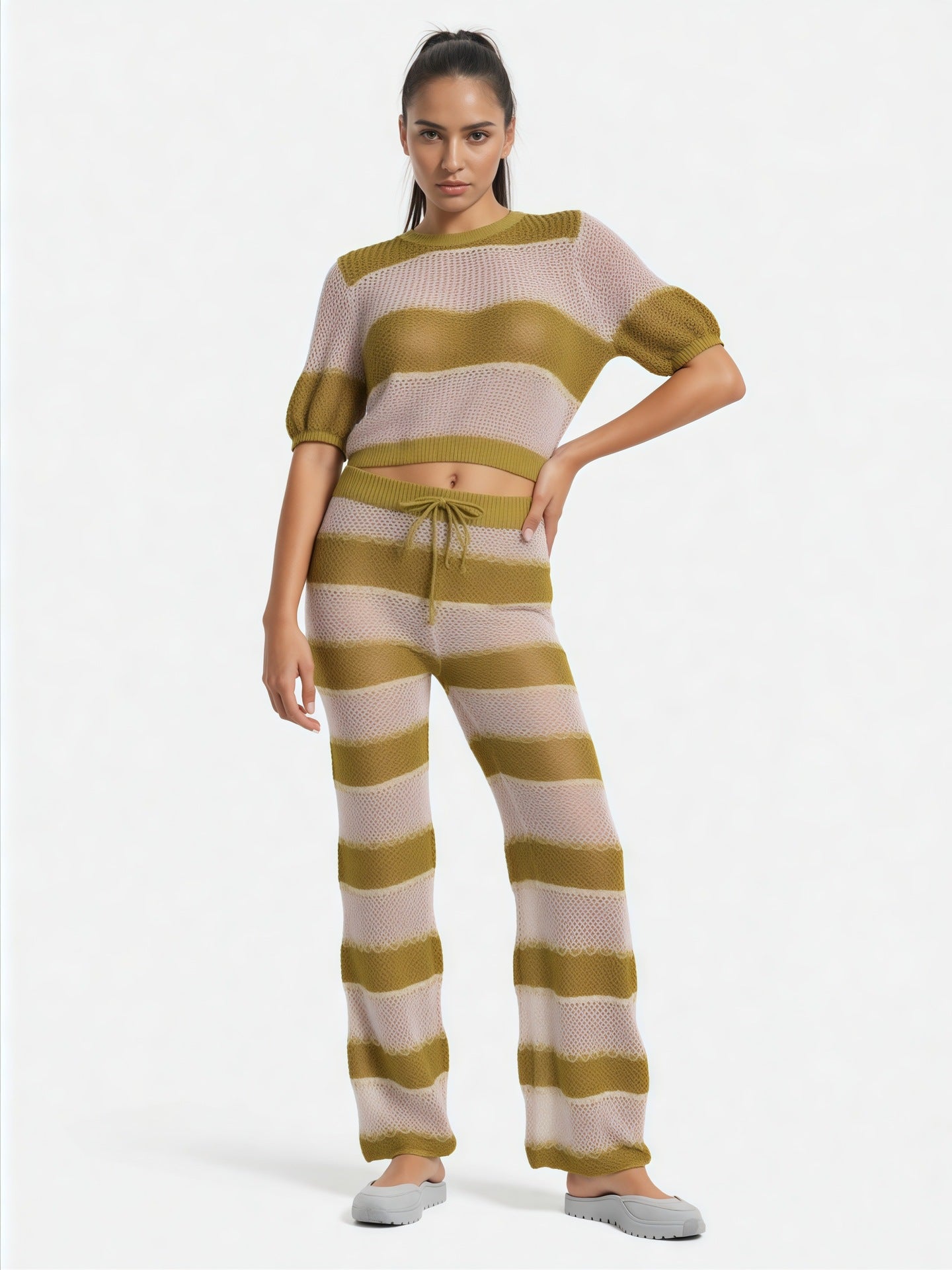 Women's Fashion Knit Cut-Out Short-Sleeve Pants Set Beach Outfit 3