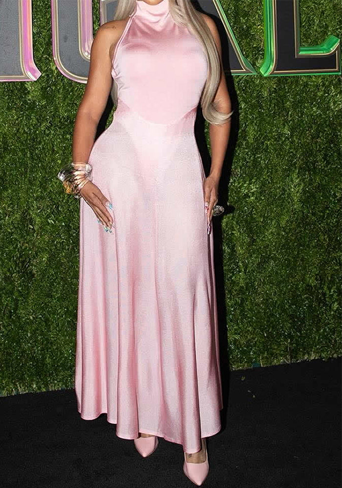 Pink Long Ball Gown Satin Halter Neck Low Back Evening Dress