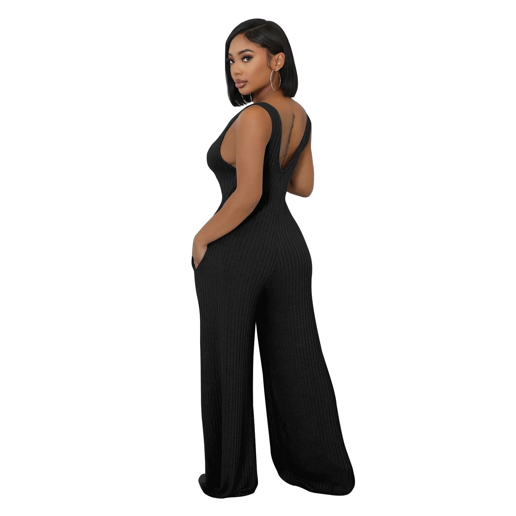 Women’s Fashion Ribbed High-Stretch Cape Top Sleeveless Jumpsuit Set 7