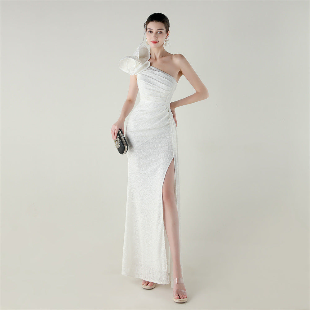 Women one-shoulder sequined flower beaded fishtail evening dress 16