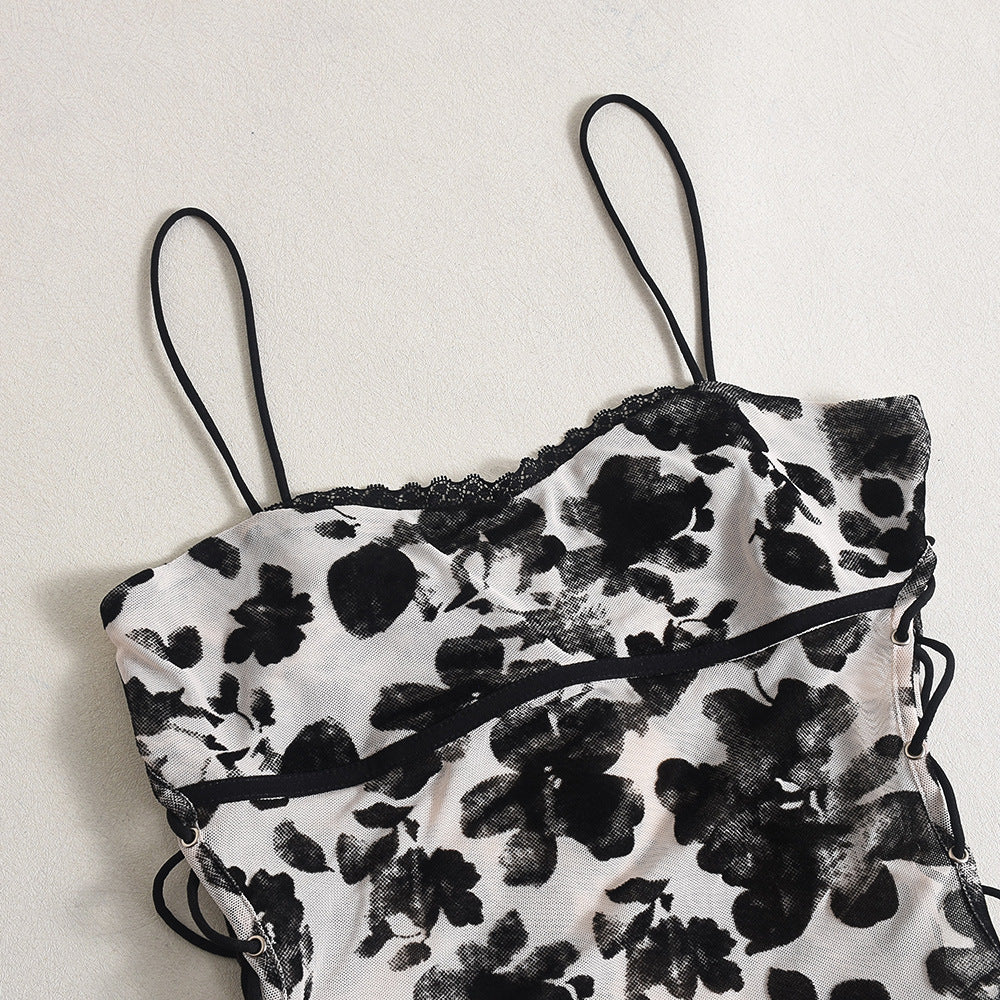 Women Stretchy Mesh Flocked Backless Sexy See-Through Lace-Up Dress 10