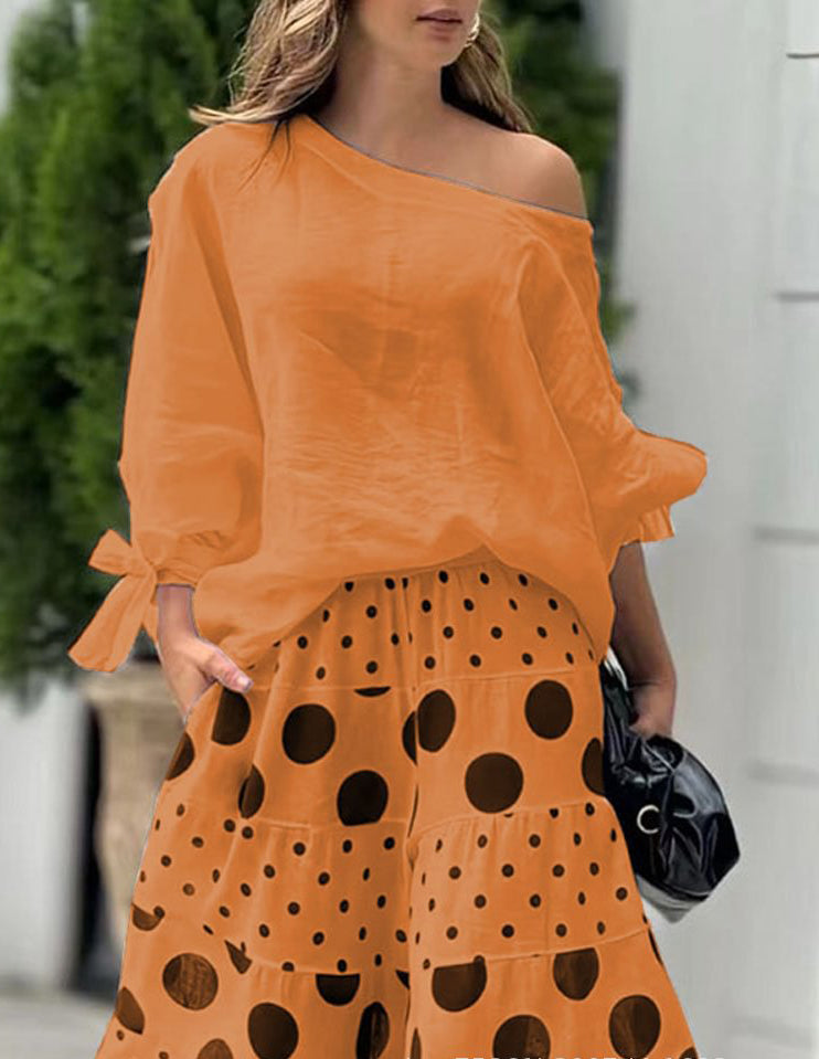 Women's Casual Slash Shoulder Top Printing Loose Pants Fashion 2-Piece Set 14