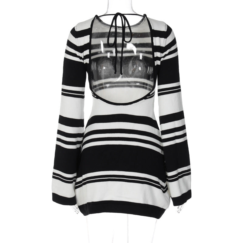 Women Knitting Stripe Bell Bottom Sleeve Tie Backless Sweater Dress 9
