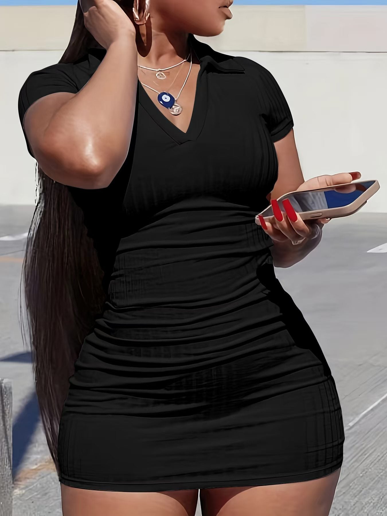 Fashion Trend Turndown Collar Slim Casual Dress Sexy Bodycon Short Dress 3