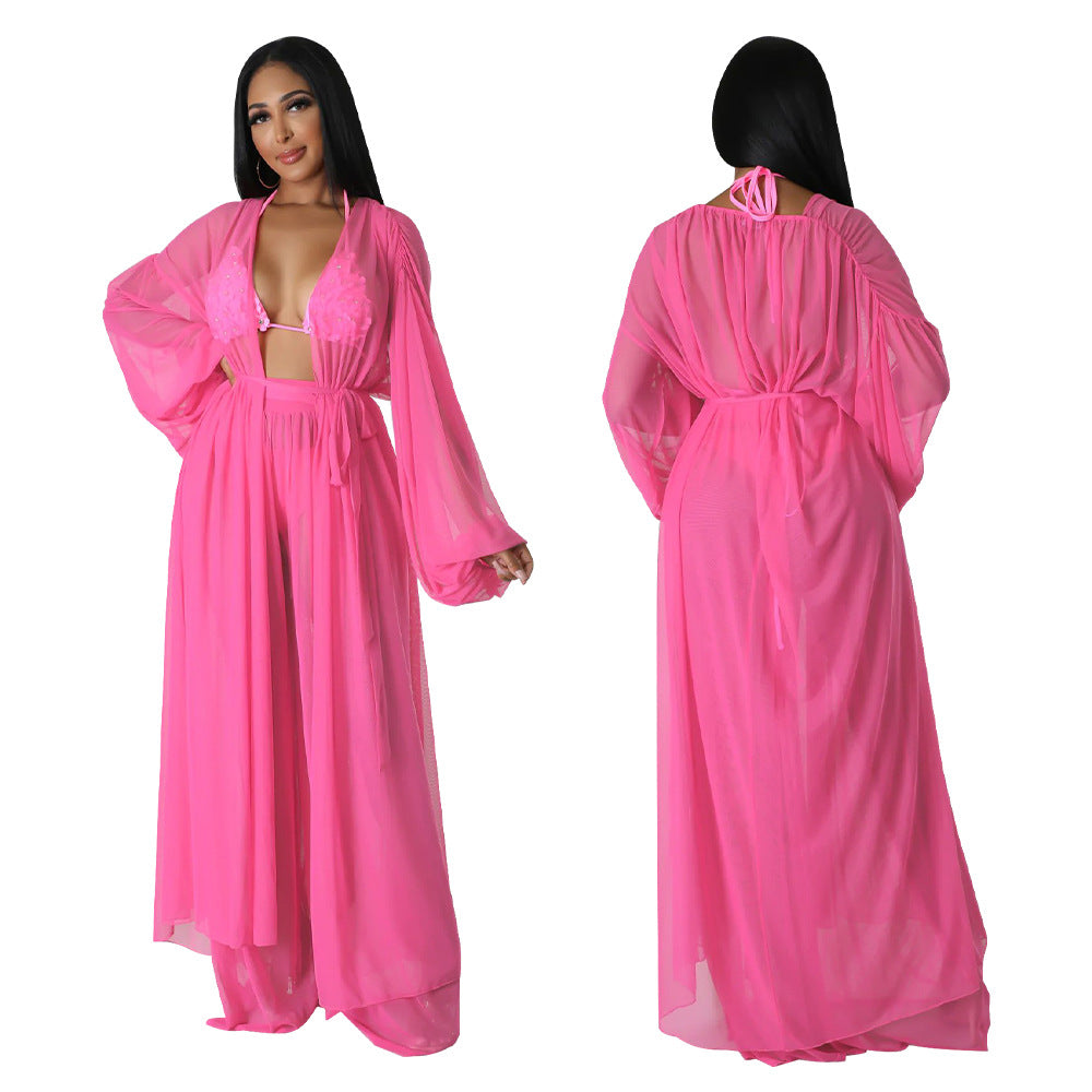 Fashion Ladies Solid Color Bat Sleeves Sexy See-Through Long Sleeve Pant Set 4