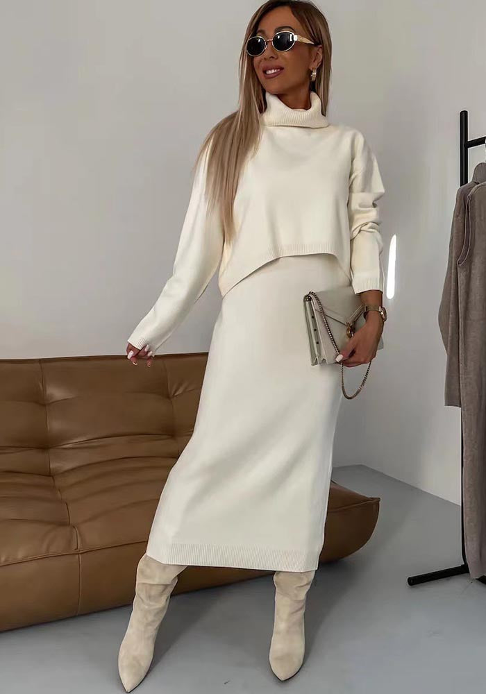 Solid Color Turtleneck Bodycon Two-Piece Autumn And Winter Knitting Skirt Set For Women