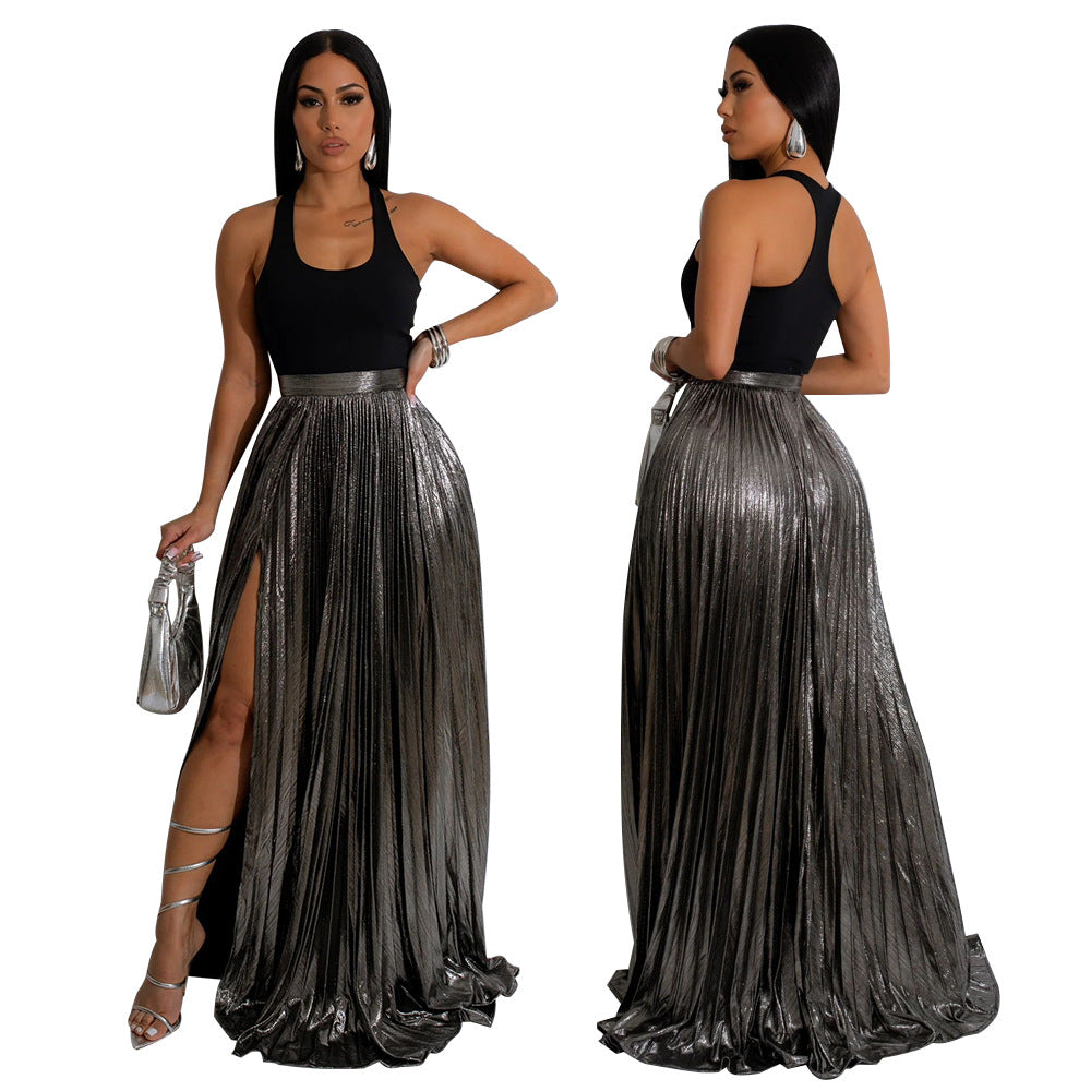 Women Solid High Waist Pleated Slit Skirt 5