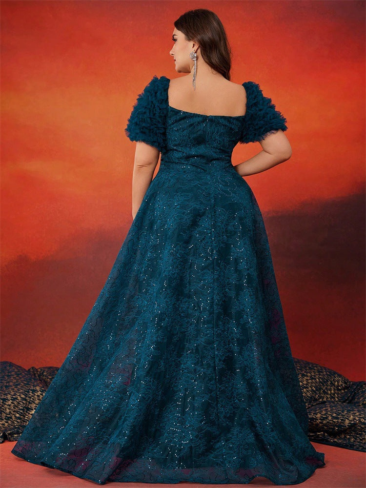 Plus Size A-Line Elegant Square Neck Short-Sleeve Party Dress Slim Waist Chic Ball Gown 3